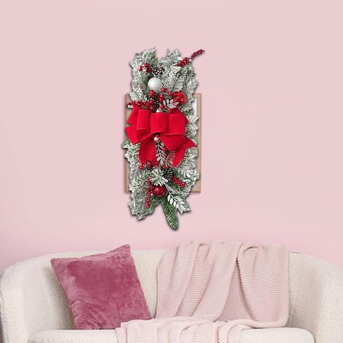 SM SunniMix Christmas Swag Teardrop Swag Artificial Wreath Door Swag Decorative Bow Ornament Lightweight PP Material Suitable for Gift Giving Home Decoration, Flocking Red