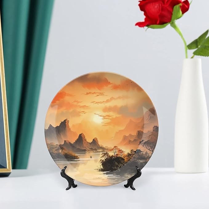 Decorative Plates, Ancient Chinese Mountain & Pavilion Landscape Ink Painting Display Plate for Home Office Kitchen Table Decor Porcelain Plates 7 Inch, Birthday Gifts