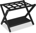 Heybly Luggage Rack, Folding Suitcase Stand with Storage Shelf, Heavy-Duty Luggage Holder for Guest Room Bedroom Hotel, Holds up to 165 lb, Black, HLR010B1