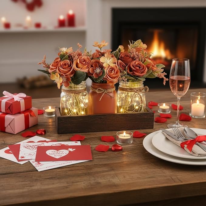 Mkono Mason Jar Lights Centerpiece Table Decor for Dining Room Farmhouse Wood Tray with 3 Jars Flowers Valentines Day Decoration for Coffee Table Kitchen Living Room Wedding