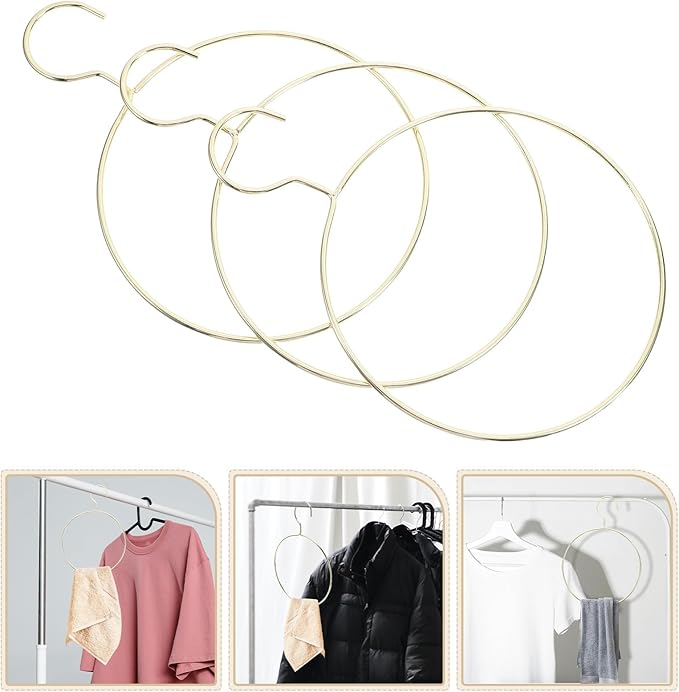 3pcs Golden Metal Scarf Ring Hangers and Belt Organizer, Round Iron Clothes Rack for Women’s Tie Storage, Wall Closet Accessory for Scarves, Shirts, and Jackets