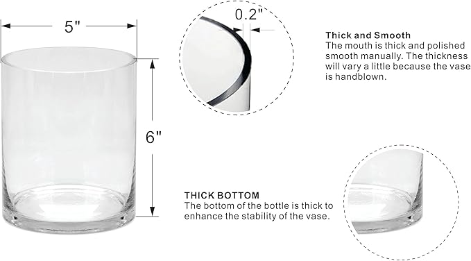 5" Wide 6" High Large Hand Blown Sturdy Clear Cylinder Glass Vase, Centerpiece Flower Vase for Rose, Tulip, Boquets, Hurricane Candle Holder (1, 5"x6")