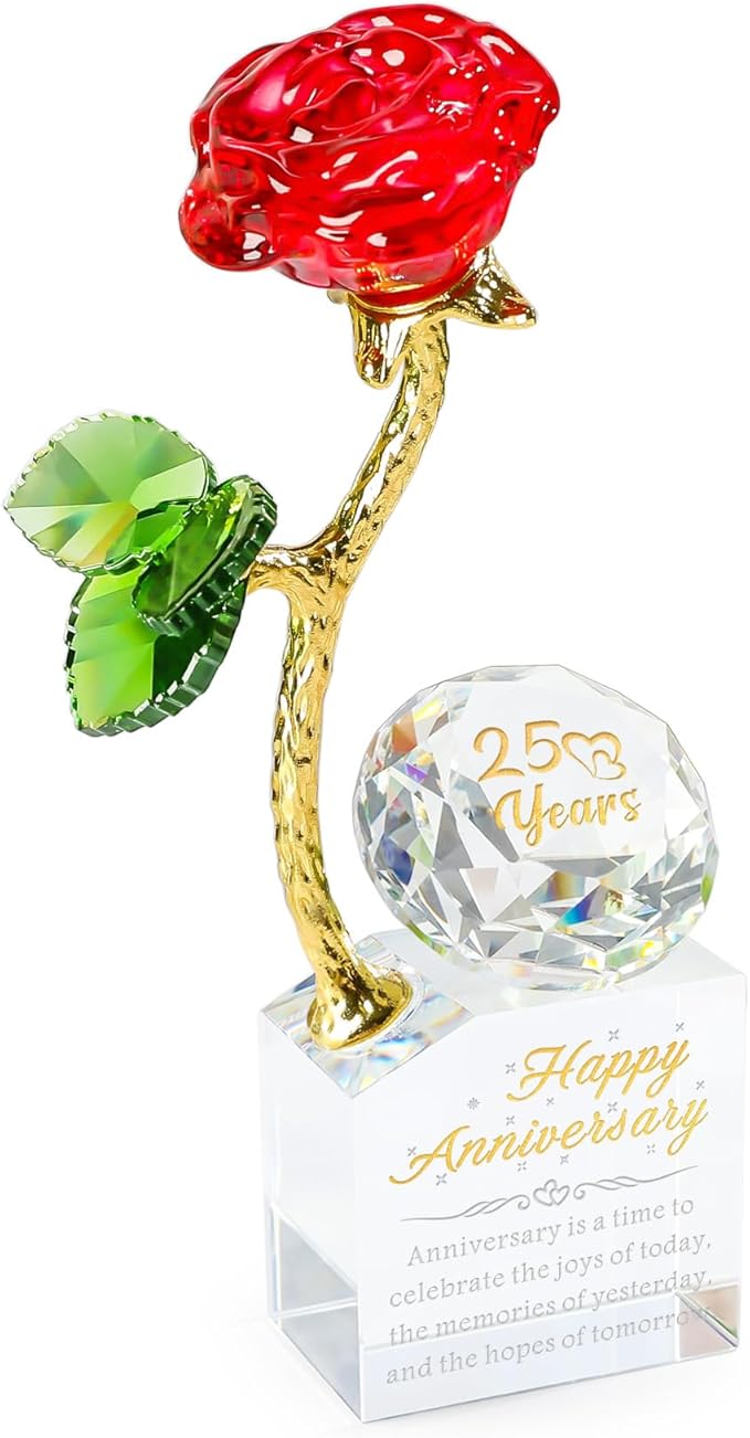 YWHL 25th Wedding Anniversary Rose Gifts for Couples, 25 Years Happy Anniversary Crystal Gift for Wife Husband, Crystal Rose Figurine with Silver Diamond, Romantic Valentines Day Present for Her Him