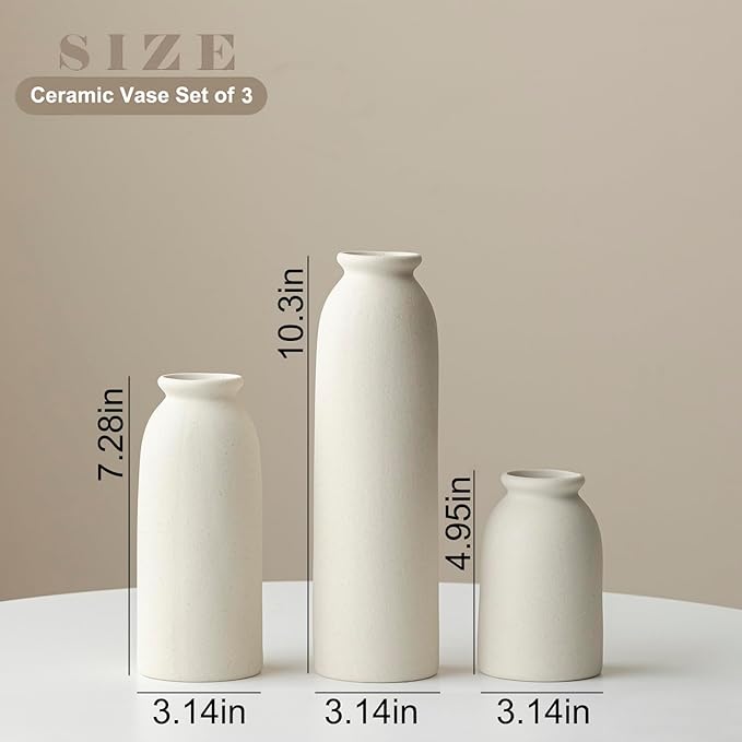 Ceramic Vase Set-3, 10.3 Inch Tall Flower Vases for Decor, Modern Boho Farmhouse Style, Decorative Vases for Pampas Grass & Dried Flowers, Distressed Finish (L Beige)