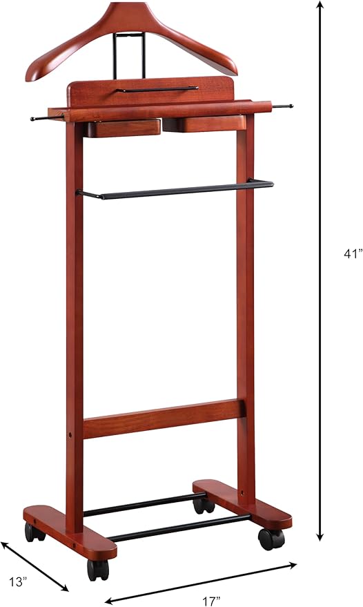 Proman Products Deluxe Suit Valet Stand VL16204 with Top Tray, Slide Out Tray, Contour Hanger, Trouser Bar, Tie & Belt Hooks and Shoe Rack, 17" W x 13" D x 41" H, Dark Cherry
