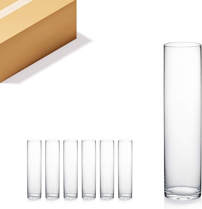 WGVI Quality Thick Weighted Tall Clear Cylinder Glass Vases, 4" W x 16" H, Flower Arrangement Floating Candle Holders Wedding Centerpieces Event Floral Container Home Decor, Bulk Wholesale, 6 Pcs