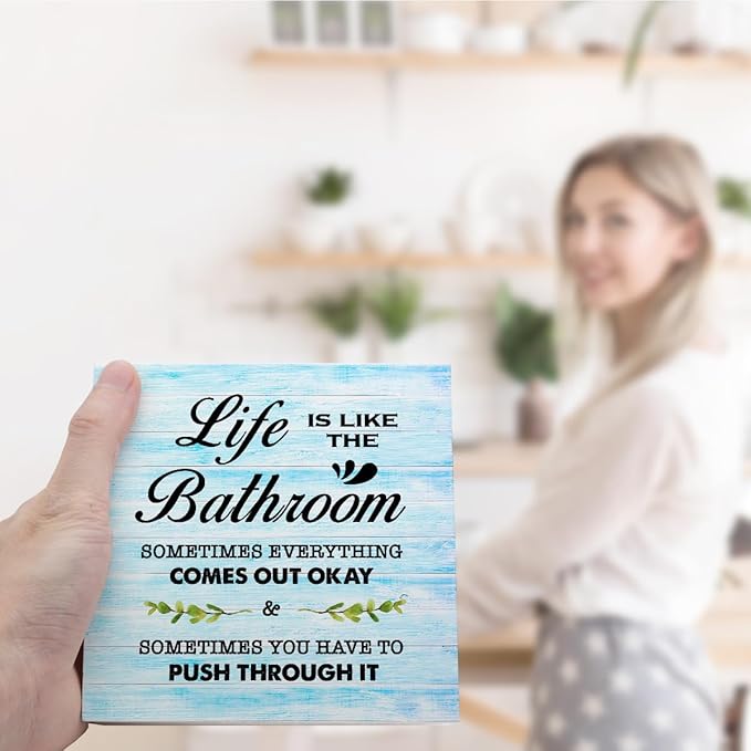 Blue Wood Life is Like The Bathroom Wooden Box Sign Desk Decor,Funny Bathroom Wood Block Sign for Farmhouse Toilet Shelf Decor