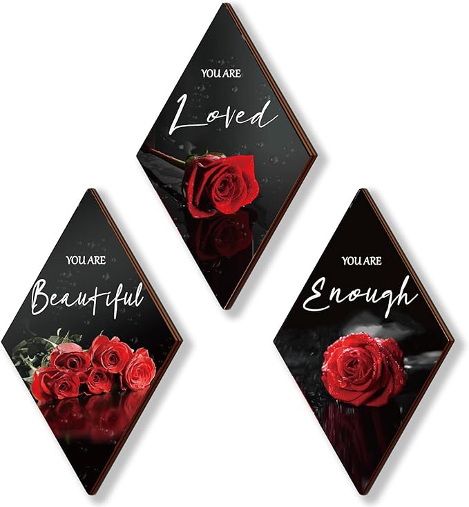 ONIZHITY 3 Pieces Red Bathroom Decor Rose Wooden Wall Decor Positive Quotes You Are Beautiful Red Wall decor Red and Black Wall Decor for Bedroom Room Kitchen Bathroom Wedding Decor(12 x 7 inch)