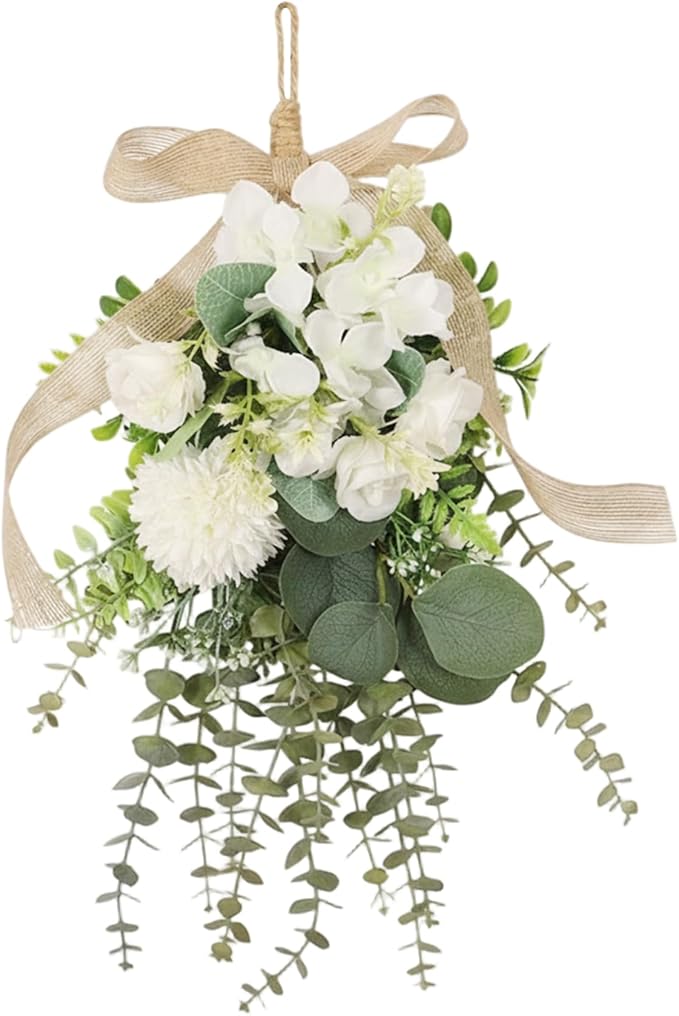 Gcroet Teardrop Wreath - White Artificial Floral Swag Eucalyptus and Chrysanthemum Hanging Decor for Wedding, Holiday, and Farmhouse Wall...