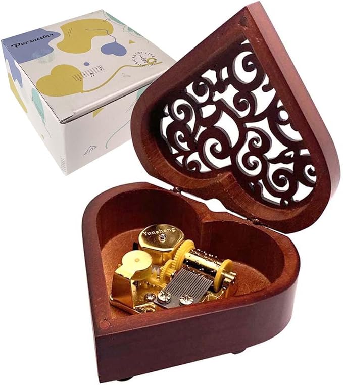 Pursuestar Amazing Grace Music Box, Heart Shaped Vintage Wood Mechanism Wind Up Musical Box Gifts for Catholic and Christian Baptism, First Communion or Confirmation