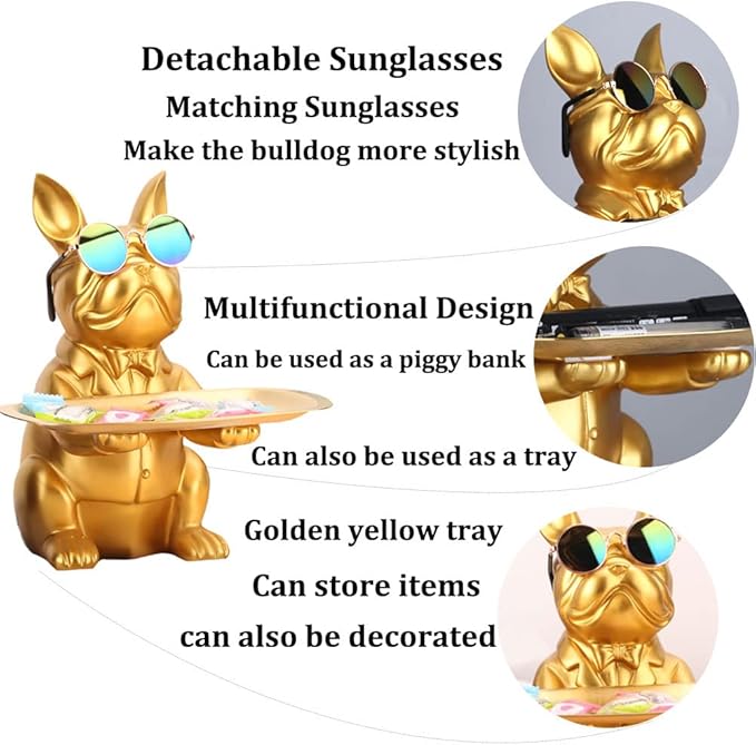 QIANLING Modern Decor Resin Gold Bulldog Tray Statue Tray Storage Key Holder Candy Jewelry Earrings Tray Suitable for Home Decor Modern Art Dining Table Decor Office Small Object Tray (Golden Yellow)