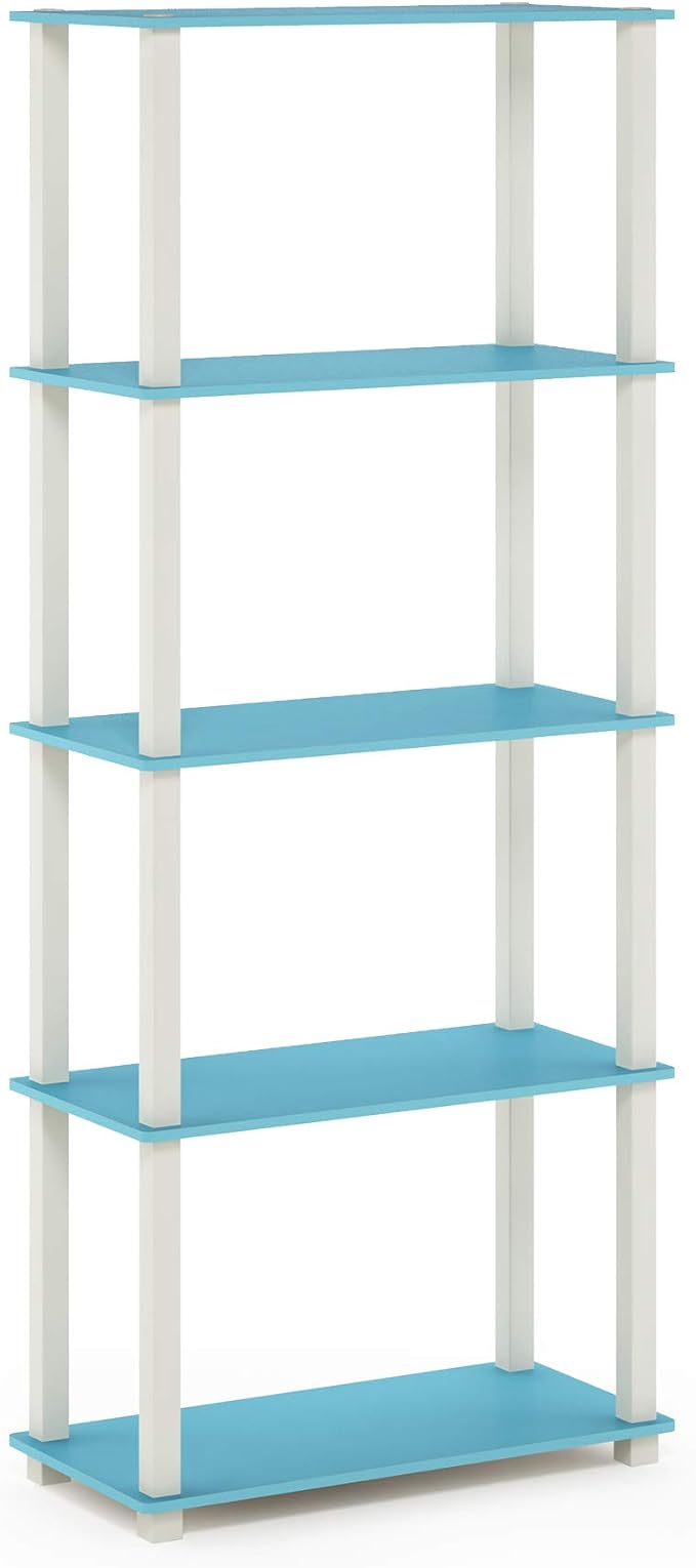 Furinno TURN-S-TUBE Book Shelf, 5-Tier Toolless Storage Shelves with Square Tubes, Shelving Unit for Organization and Storage for Living Room, Home Office, Light Blue