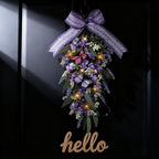 Jusdreen LED Teardrop Floral Wreath with Butterflies, Faux Lavender Hanging Decor with Lights for Farmhouse Home