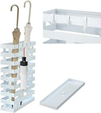 Umbrella Stands for Entryway Large Metal Umbrella Holder with Removable Water Tray and Hooks Decor Freestanding Rectangular Umbrella Hollow Rack for Home Office (White, 3.94 x 11.81 x 16.93 Inch)