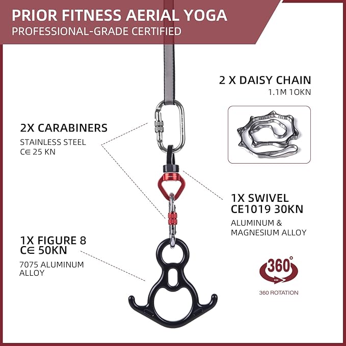 PRIOR FITNESS Aerial Silk Hardware (Deluxe Professional Set), Aerial Silk Accessories, Aerial Silk Hardware Kit Includes 1x 8 Descender, 1x Swivel, 2× Titanium-Steel Carabiners, and 2× Daisy Chain