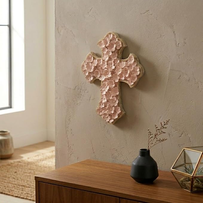 Dicksons Raised Flower Blossom Pastel Coral Pink 12 x 9 Resin Stone Hanging Wall Cross