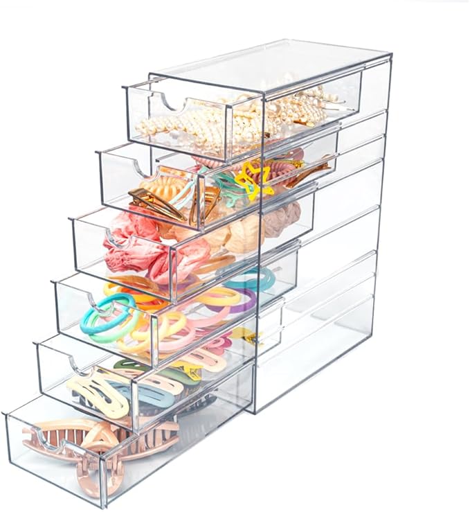 Clear Acrylic 6 Drawers Storage Organizer for Hair Accessories Stackable Containers Box for Cosmetics Jewelry Stationery Storage Organization Drawers Set (6 Drawers)