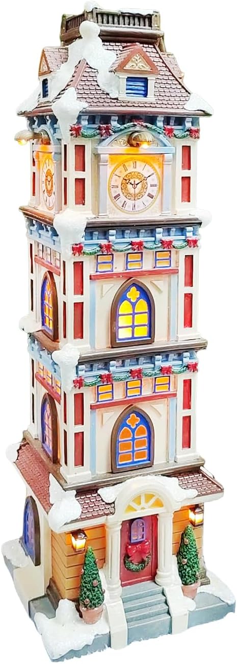 MOMENTS IN TIME Lighted Christmas Clock Tower 14.5” LED Hand-Painted Polyresin Village Decoration Battery Operated Elegant Holiday Tabletop Collectible Gift Ready Tabletop Décor