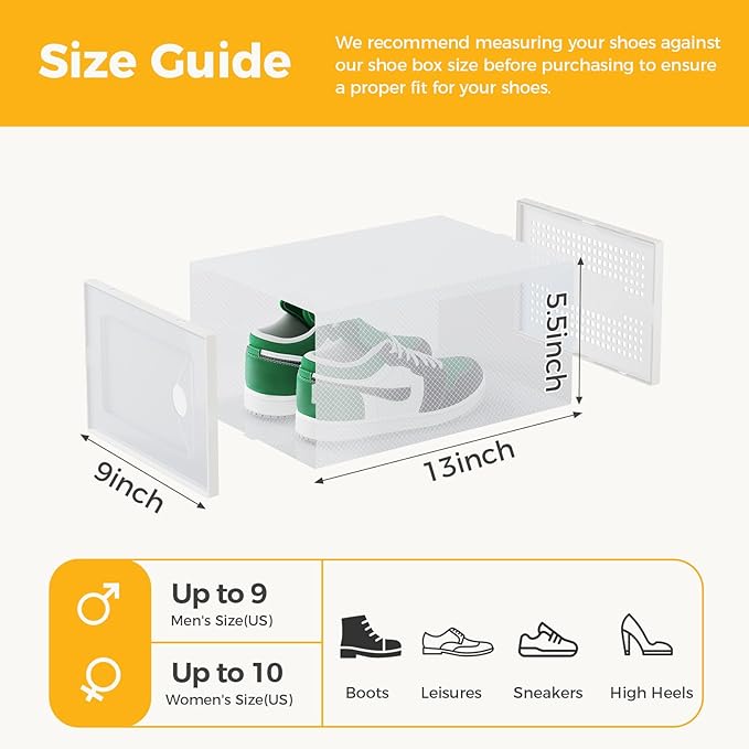 NEWBULIG 24 Clear Shoe Storage Boxes, Shoe Organizer for Closet with Lid, Plastic Stackable Breathable Shoe Cabinet with Lid for Sneakers, Heels & Boots, White