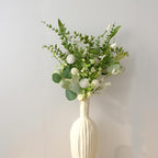 vivimemo 6 Pcs Summer Green Stems, 18 inch Artificial Eucalyptus Stem with White Florals for Home, Party & Wedding Decor Green Picks for Table Fireplace Vase DIY Wreath Decor
