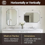 ANDY STAR Brushed Nickel Mirror 30x48 Inch, Large Scalloped Bathroom Mirror, Anti-Rust Stainless Steel Metal Thin Frame Deep 1’’, Unique Rectangle Mirror Hangs Vertically or Horizontally