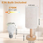 Small Bedside Table Lamp with AC Outlet, Natural Wood Base & Linen Shade, Mini Cute Cozy Warm White Nightstand Boho Lamp, Study Desk Night Stand Light for Bedroom, Kitchen, Nursery, Living Room
