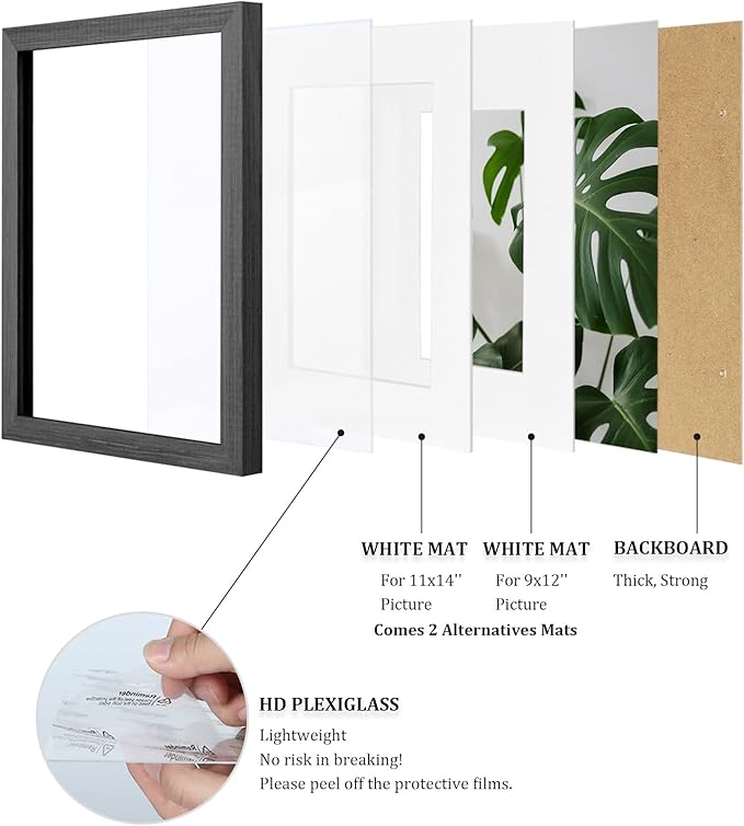 Egofine 12x16 Picture Frames Set of 4, Made of Solid Wood Covered by Plexiglass 9x12 and 11x14 with Mat or 12x16 without Mat, for Wall Mounting Photo Frame Rustic Black