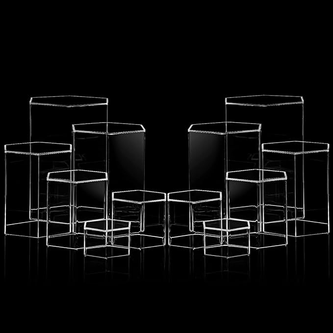 Jetec 24 Pcs Hexagonal Jewelry Display Risers Hexagonal Market Display Risers Stands Acrylic Showcase Acrylic Stand for Jewelry Model Figures Decoration, 6 Sizes (Clear)