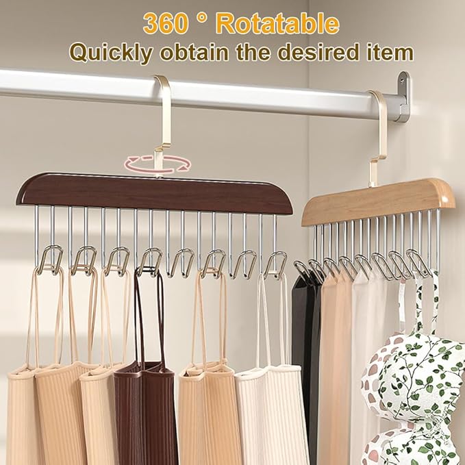 Belt Hanger 3 Pack with 24 Hooks, Sturdy Wooden Non-Slip Belt Holder, Space Saving Closet Organizer, Rotating Display Rack for Bra, Hat, Tank Tops