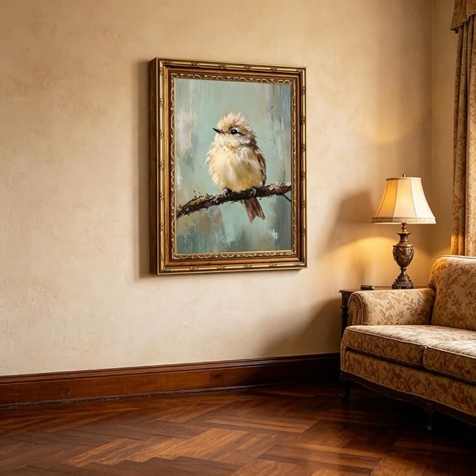Gold Framed Bird Canvas Wall Art Vintage Bird Beige Sparrow painting Decor Pictures Sparrow on Branch Bedroom Living Posters Prints for Corridor Classroom Bedroom Kitchen Room Decoration