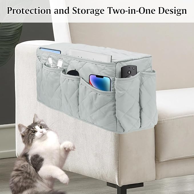 Remote Control Holder, Non Slip Bedside Armchair Caddy, Recliner Arm Caddy Armrest Organizer with 14 Pockets for Cell Phone TV Remote Control Magazines, Light Gray