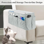 Remote Control Holder, Non Slip Bedside Armchair Caddy, Recliner Arm Caddy Armrest Organizer with 14 Pockets for Cell Phone TV Remote Control Magazines, Light Gray