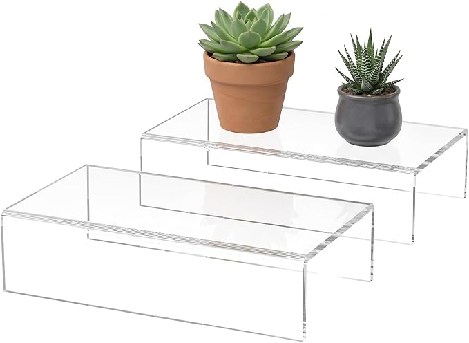 Sezanrpt Acrylic Shelf Riser 8x4.3x2 pack of 2, Clear Display Shelf 8” for Shoes, Glasses, Plants, Home Decors, Perfume, 8x4.3x2 Inch