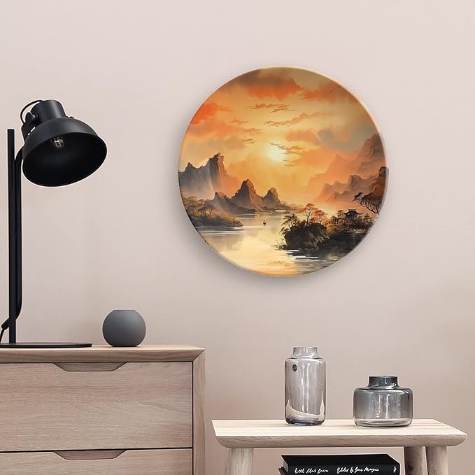 Ancient Chinese Mountain & Pavilion Landscape Ink Painting Decorative Plates Home Decor Ceramic Plates Wedding Gifts Dinner Plates Display for, Kitchen, Hallway Console Side Table, 10 Inch