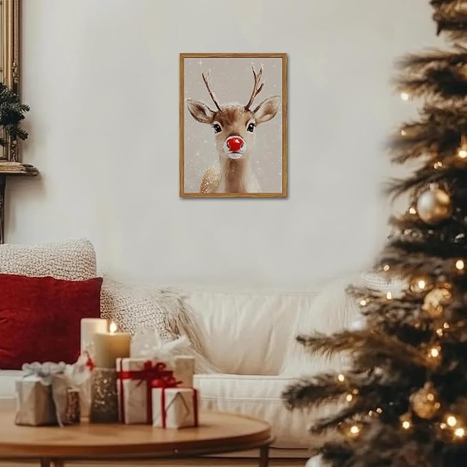 Framed Christmas Wall Art, Vintage Red Nose Reindeer Canvas Wall Decor Paintings, Rustic Winter Cute Deer Pictures Prints Farmhouse Home Decoration for Living Room Bedroom 16×24 inch