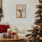 Framed Christmas Wall Art, Vintage Red Nose Reindeer Canvas Wall Decor Paintings, Rustic Winter Cute Deer Pictures Prints Farmhouse Home Decoration for Living Room Bedroom 16×24 inch