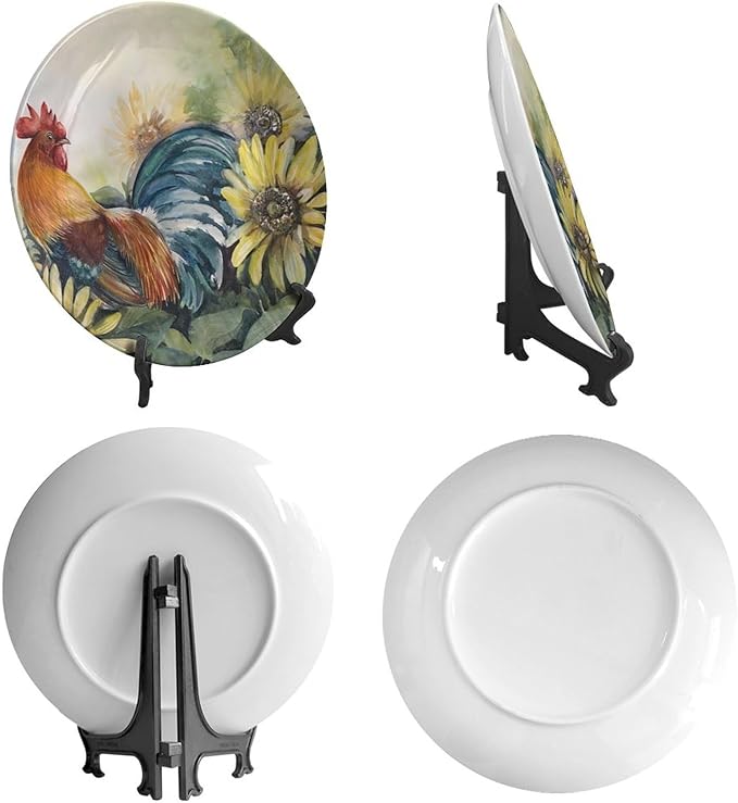 Rooster Decorative Plates, 8 Inch, Sunflower Rooster Round Display Plate, Handmade Ceramic Ornament, for Home Kitchen Bedroom Decorative Ornaments