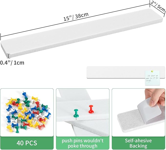 Cork Board for Walls - 8 Pack Felt Pin Board Bar Strips - Self-Adhesive Lightweight Bulletin Board - Cork Board for Office with 40 Push Pins No Damage for Wall (White)