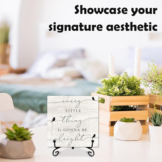 5" Rustic 3 Little Birds Wooden Sign - 'Every Little Thing is Gonna Be Alright' Inspirational Plaque with Metal Stand, Farmhouse Tabletop Decor for Home, Office, or Room, Gift for Friends & Family-A08