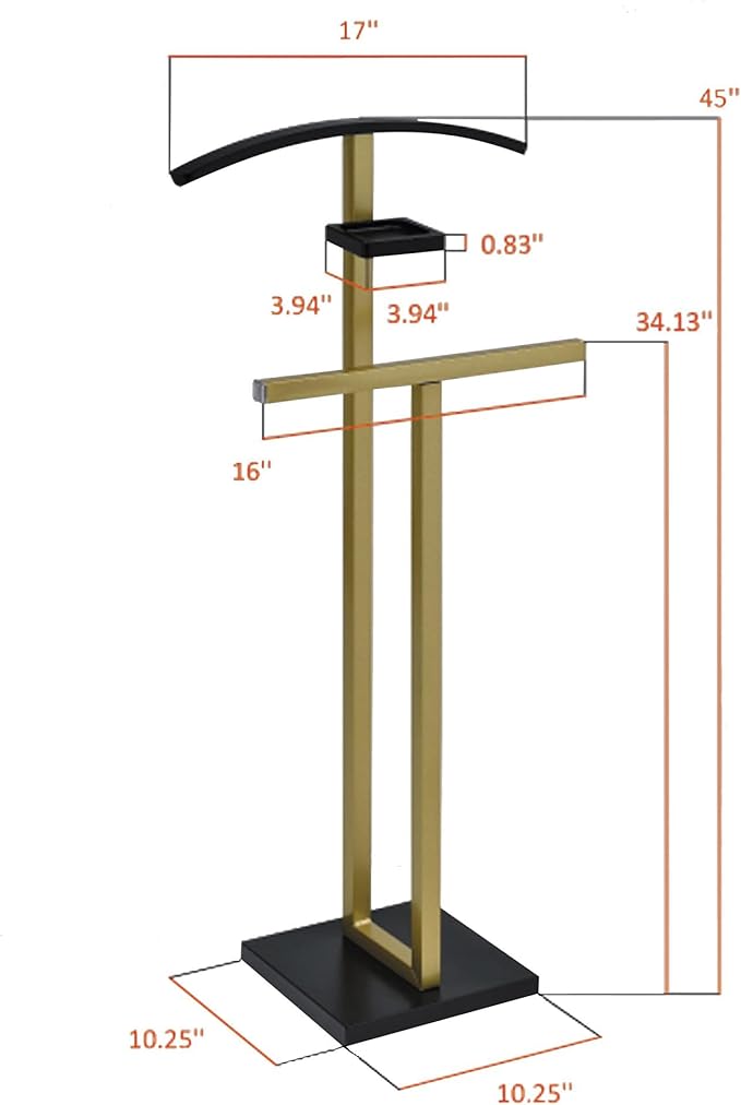 Kings Brand Furniture Vaccaro Metal Suit Valet Stand – Freestanding Clothes Organizer with Jacket Hanger, Pants Bar, Tie Holder & Storage Shelf – Modern Bedroom Garment Rack (Gold/Black)