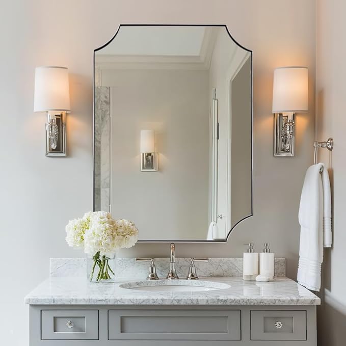 ANDY STAR Brushed Nickel Mirror 24x32 Inch, Scalloped Bathroom Mirror, Silver Rectangle Mirror in Anti-Rust Stainless Steel Metal Thin Frame Deep 1", Horizontal/Vertical