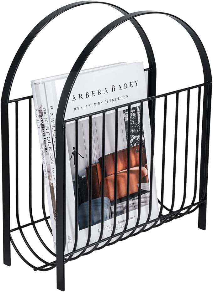 MyGift Deluxe Mid Century Metal Wire Magazine Rack in Matte Black Finish, Tabletop or Floor Standing Sling Basket for Magazines and Newspapers