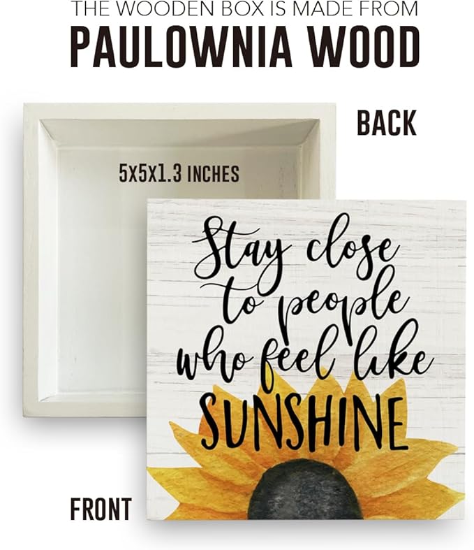 Farmhouse Sunshine Sunflower Wooden Box Sign Rustic Country Sunflower Box Sign Wood Sign Decor Summer Square Wood Sign Home Desk Tabletop Shelf Decor 5 x 5