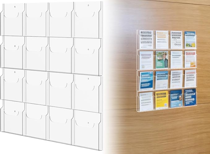 Acrylic Brochure Pamphlet Holder, 16 Magazine Holders, Clear Brochure Display Stand Wall Mount, Trifold Flyer Rack, Literature Storage Rack for Home, Offices, Waiting Room