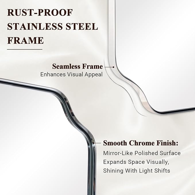 ANDY STAR 30"x30" Chrome Square Mirror, Polished Nickel Scalloped Bathroom Mirror for Over Sink, Modern Decorative Mirror with Designer Rounded Notched Corners, Anti-Rust SUS304 Frame