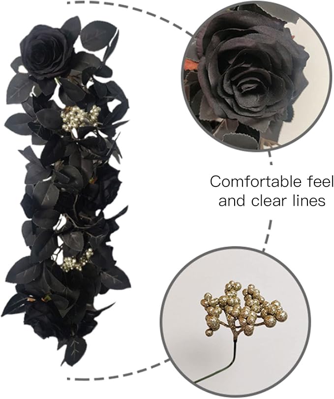 Artificial Rose Flower Swag,Artificial Sunflower Swag, 24 Inch Decorative Swag with Pumpkins Berries and Black Leaves for Halloween Home Front Door Lintel Wedding Arch Party Tabletop Wall Decor(#3)