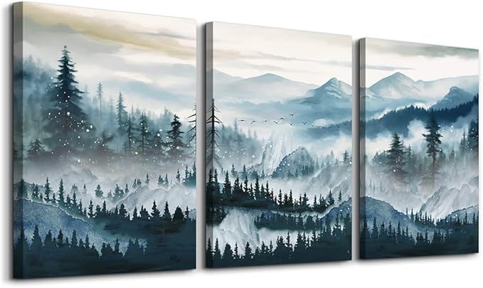 MHARTK66 Wall Art for Bedroom,Mountain Landscape Wall Decor,Large Foggy Forest Artwork for Walls, 3 Piece Nature Paintings Prints for Living Room Hallway Office Kitchen Home Decorations, 12x16 Inch
