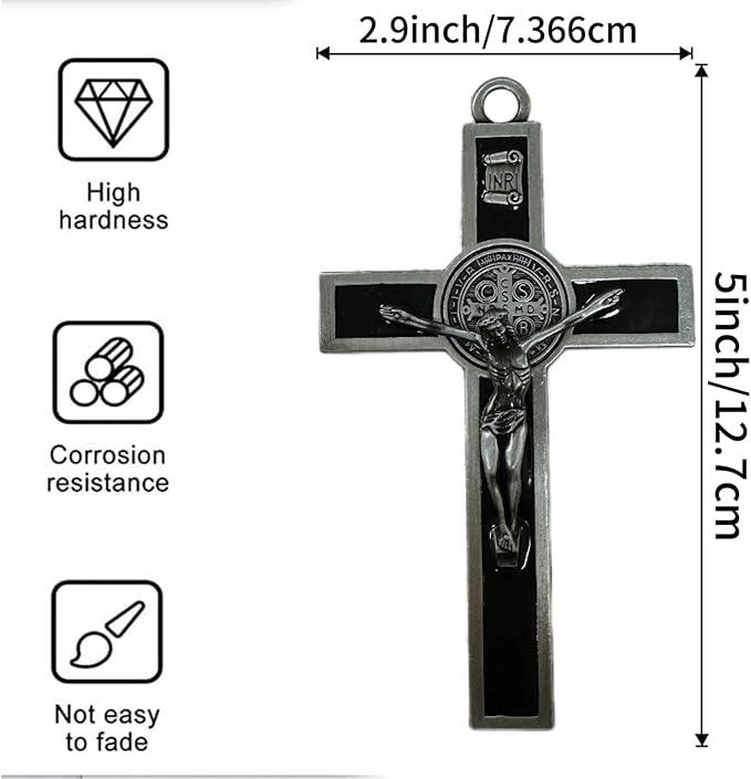 BONITTER Antique Silver Crucifix Wall Cross-St. Benedict Metal Wall Art-5.0 InchX2.7 Inch Black White Brown Enamel Give Blessing and The Spiritual Sacred:Faith Gift for your Acquaintances (Black)