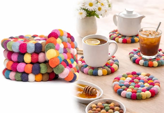 Round Felt Ball Coasters - 100% Merino Wool Table Coasters - Felt Coaster Pads, Absorbent Trivet for Drinks - Heat Resistant, Thick & Durable Hand Felted - Woolygon - Multicolor Set of 5 (Rainbow)