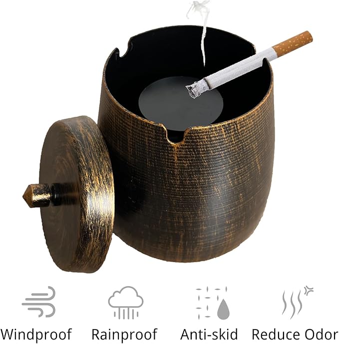 Ash Tray, Large Outdoor Ashtray with Lid, Ashtray for Outside Patio, Stainless Steel Windproof Smokeless Ash Tray for Balcony, Ashtrays for Smokers, Cigar, Home Office Decoration